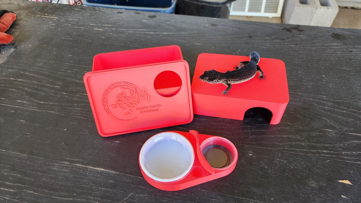 Strawberry Red Leopard Gecko humid hide, dry hide, food bowl, calcium, & water dish combo