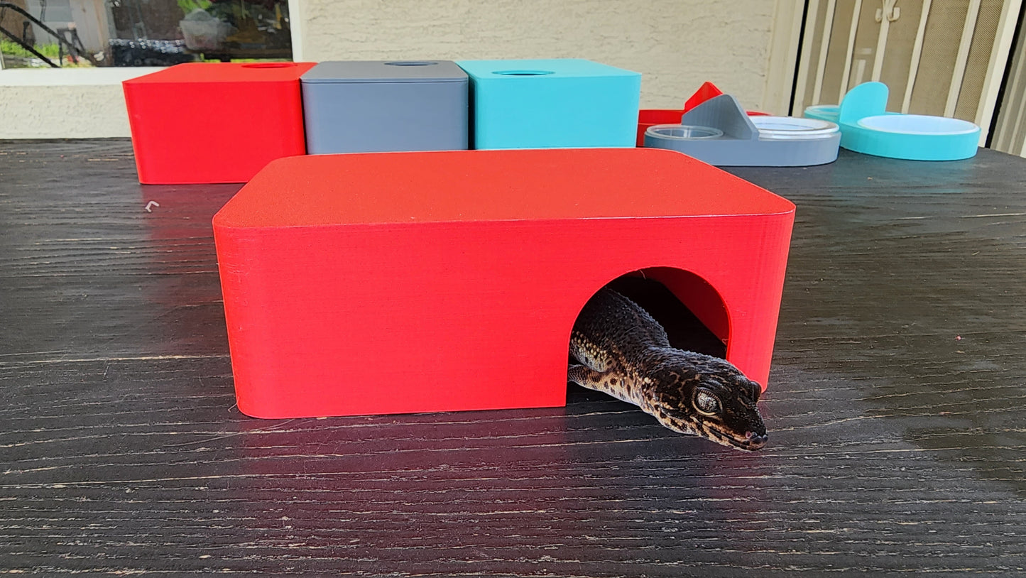 Strawberry Red Leopard Gecko humid hide, dry hide, food bowl, calcium, & water dish combo