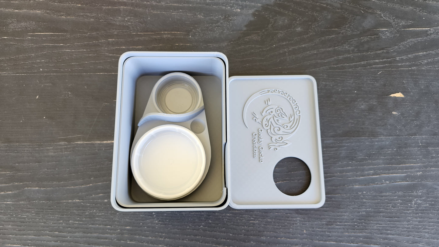 Ash Grey Leopard Gecko humid hide, dry hide, food bowl, calcium, & water dish combo