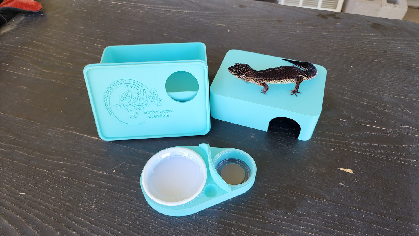 Sky Blue Leopard Gecko humid hide, dry hide, food bowl, calcium, & water dish combo
